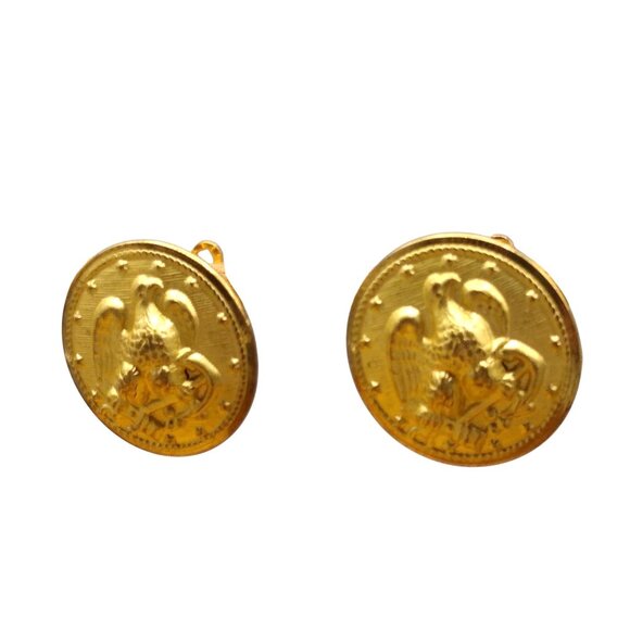 Vintage Alice Caviness Eagle Button Earrings, Gold Tone Repousse Clip On - Picture 3 of 4